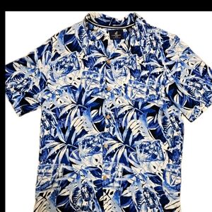 VINTAGE CARIBBEAN JOE Mens XL Hawaiian Palm Print Button Up Shirt Blue Beach